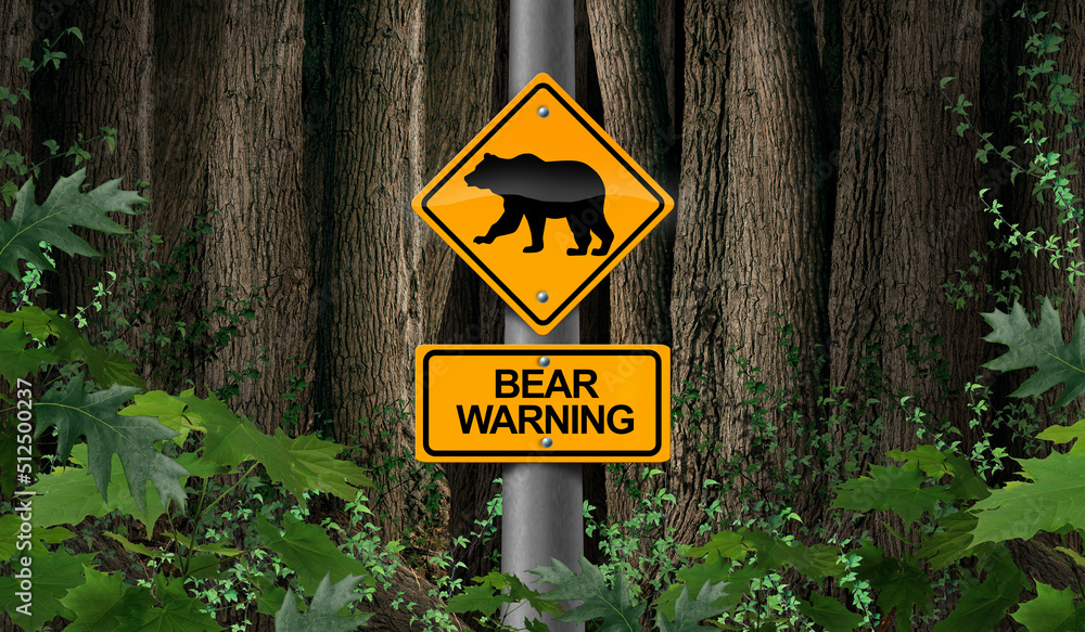 Bear warning in the woods signage or camping danger sign as a scary predator as a risk for Bears in the wild - obrazy, fototapety, plakaty 