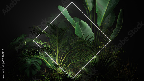 White Neon Light with Tropical Plants. Diamond shaped Fluorescent Frame in Rainforest Environment.