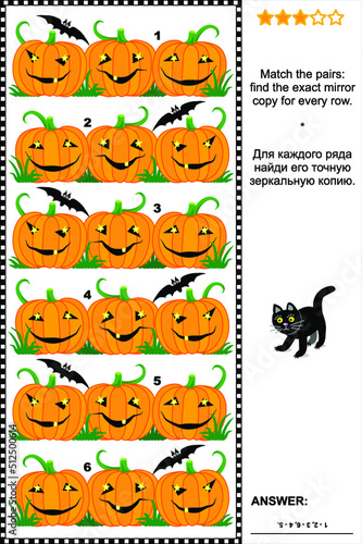 Halloween themed visual logic puzzle  suitable both for kids and adults   Match the pairs - find the exact mirrored copy for every row of pumpkins. Answer included. 