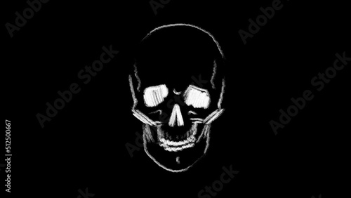 Drawn human skull on a black background. White color. Fear. Death. Horror. Symbol. Holiday Halloween. mystical look. Casting. Human bones. White chalk.