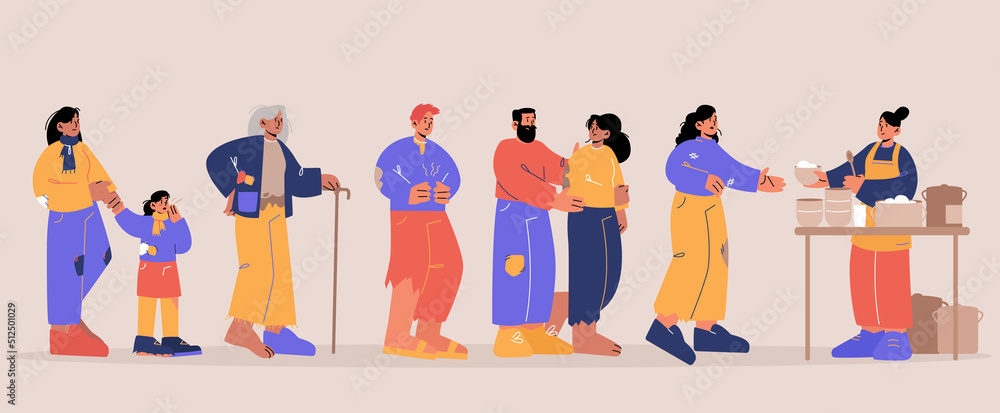 Volunteers feeding homeless people in shelter. Bums and beggars stand in queue for receiving food in emergency housing, temporary residence charity for paupers, Line art flat vector illustration