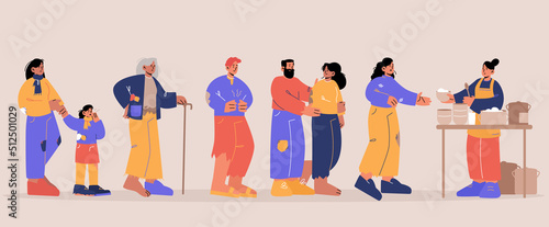 Volunteers feeding homeless people in shelter. Bums and beggars stand in queue for receiving food in emergency housing, temporary residence charity for paupers, Line art flat vector illustration