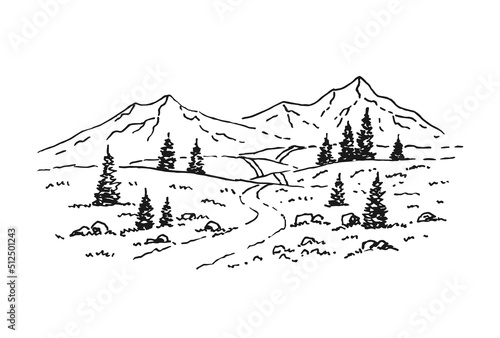 Mountains road. Landscape. Hand drawn rocky peaks in sketch style. Vector illustration