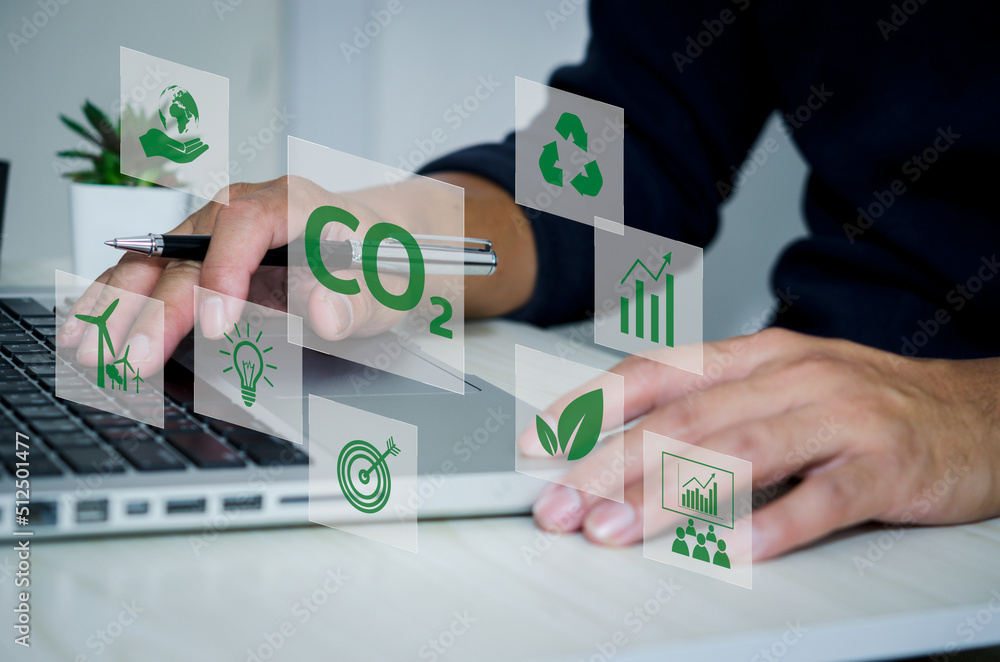 Organizations or companies develop carbon credit business virtual screen. Reduce CO2 emissions. Sustainable business development concept. - obrazy, fototapety, plakaty 