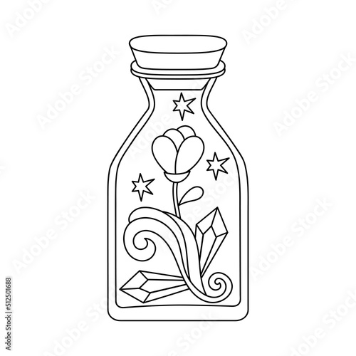 Magic bottle, crystals and flower. Hand-drawn esoteric symbols. For shops, mystical templates for cards, flyers, posters, stickers.