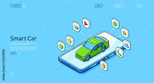 Smart car isometric landing page. Autonomous automobile stand on smartphone screen. Futuristic technology, self driving intelligent autopilot vehicle, innovation city transport, 3d vector web banner