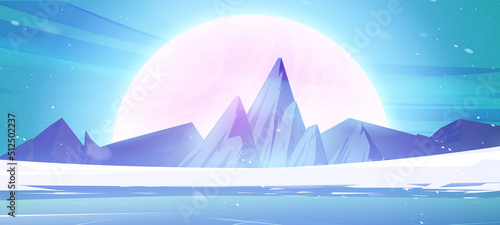 Alien planet landscape, space background with rocks and frozen pond under night sky with glowing stars and shining Moon sphere. Extraterrestrial cosmic pc game backdrop, Cartoon vector illustration