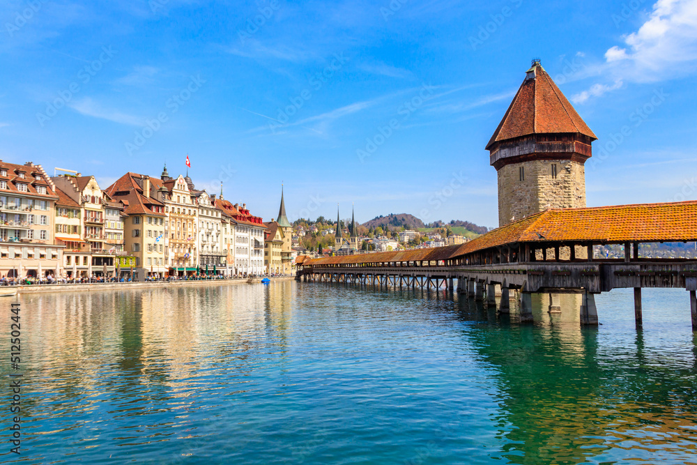 Chapel bridge spanning the river Reuss in the city of Lucerne, Switzerland Chapel bridge spanning the river Reuss in the city of Lucerne, Switzerland