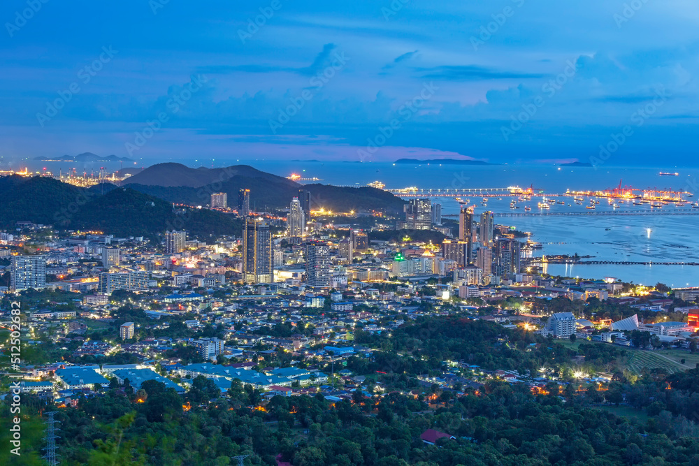 Khao Chalak Viewpoint of beautiful twilight light with buildings in Sriracha city at Chonburi Province, Thailand 
