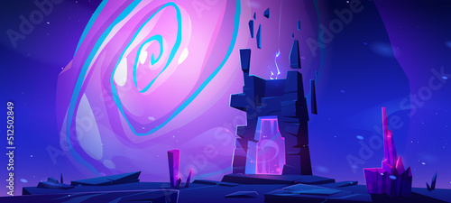 Magic portal on mountain top or alien planet surface. Futuristic landscape background with glowing entrance in rock under starry sky with huge violet vortex. Fantasy scene, Cartoon vector illustration