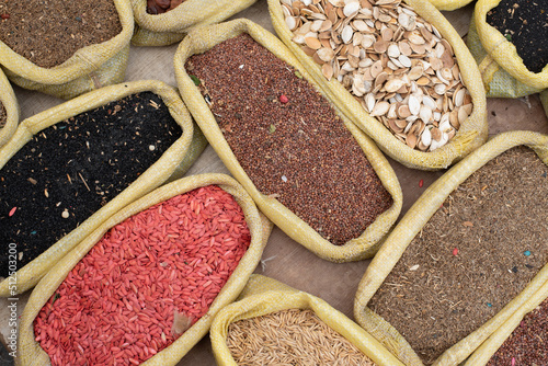 Legumes bean seed in sack, top view