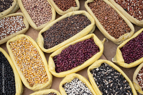 Legumes bean seed in sack, top view