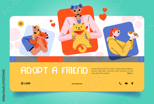 Adopt a friend landing page. People hug pets, animal adoption concept with young women holding cute funny cats and guinea pig on hands. Human tenderness, love and charity Linear flat vector web banner