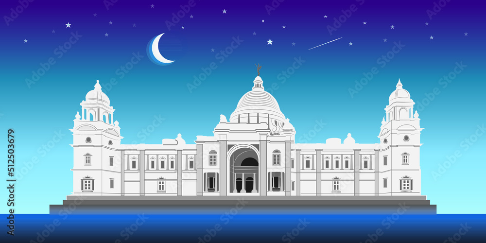 Victoria Memorial vector with moonlight background. Kolkata fort, West Bengal.