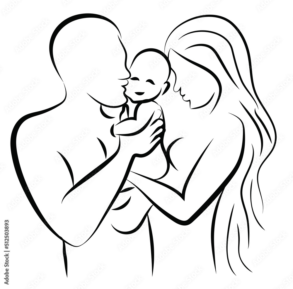 Obraz premium Illustration of young man and woman holding their child, cuddling, hugging, and kissing. vector of caring and love for children from young couples or parents. Parents love and happy family concept