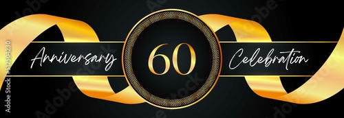 60 years anniversary celebration with frame and gold ribbon for a birthday party, wedding, magazine, brochure poster, banner, ceremony, and greeting card. 60th Anniversary logo design vector.