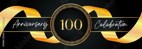 100 years anniversary celebration with frame and gold ribbon for a birthday party, wedding, magazine, brochure poster, banner, ceremony, and greeting card. 100th Anniversary logo design vector.