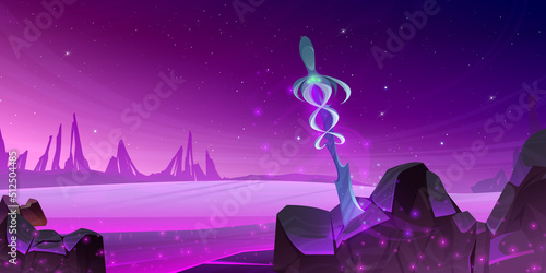Sword in stone on alien planet surface. Background for game or virtual travel for kids. Arthur king excalibur stuck in rock, ancient magic blade Vector web banner design
