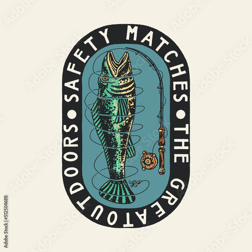 safety matches illustration fish graphic outdoor gear badge design vintage