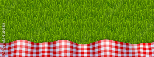 Banner with gingham tablecloth top view. Background for picnic, vector template with realistic red and white checked plaid on green grass lawn. 3d design for restaurant or cafe ads, menu or signboard