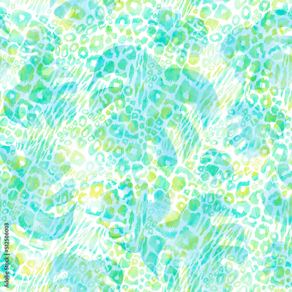 Animal skin and tropical leaves mix seamless pattern in pastel colors