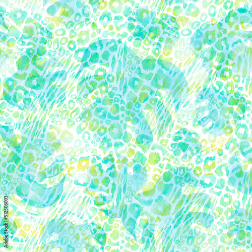 Animal skin and tropical leaves mix seamless pattern in pastel colors