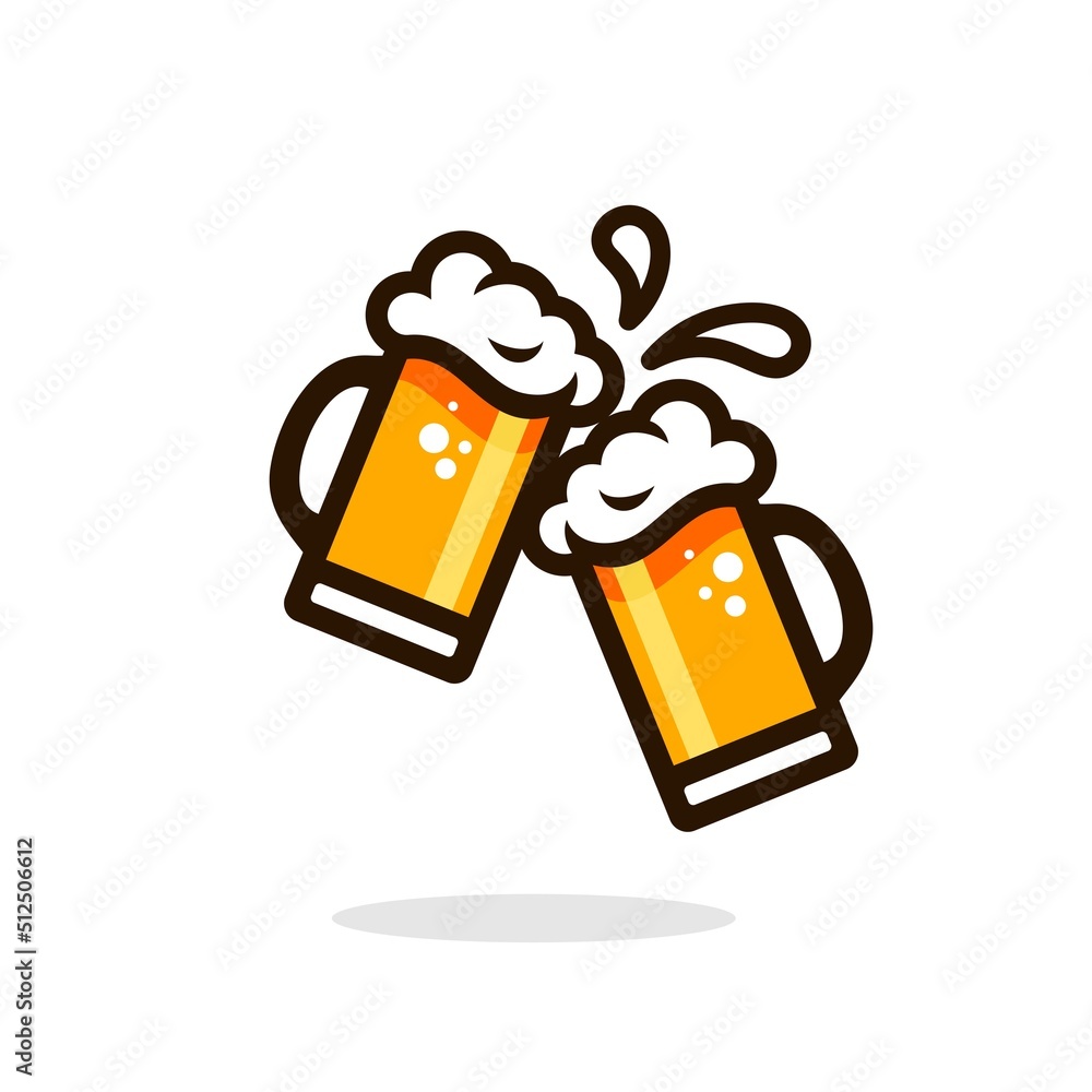 beer cheers vector. Two toasting beer mugs, Cheers. Clinking glass tankards  full of beer and splashed foam. Cartoon style. Isolated on white  background. Design for banner, poster, greeting cards. Stock Vector