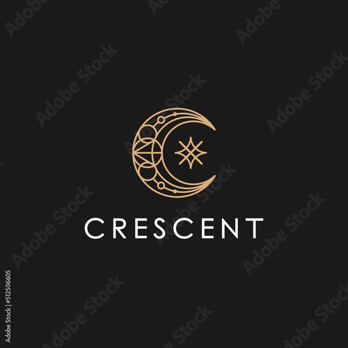 mystical boho elegant crescent moon and star logo design line icon vector in Bohemian luxury style outline linear illustration.