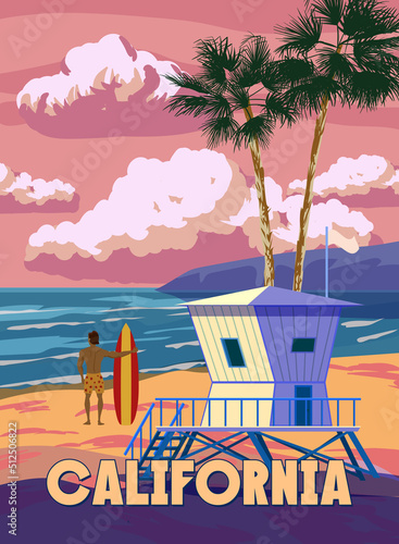 California Retro Poster. Lifeguard house on the beach, surfer, palm, coast, surf, ocean. Vector illustration vintage