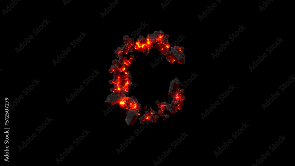 letter C made of very hot lava stones on black, isolated - object 3D illustration