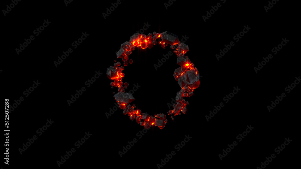 letter O made of very hot fire stones on black, isolated - object 3D illustration