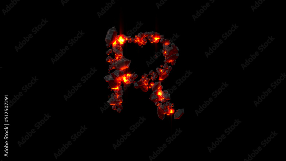 letter R made of very hot burning rocks on black, isolated - object 3D illustration