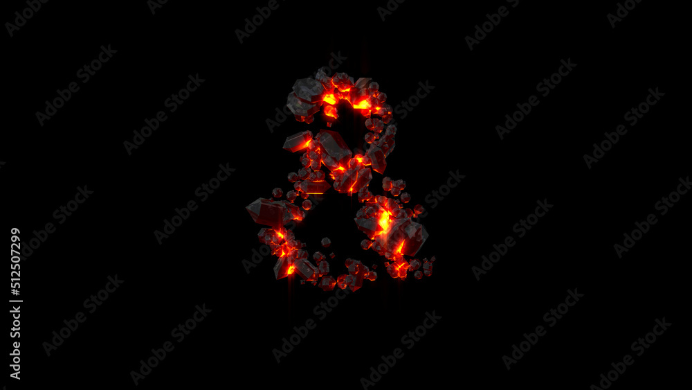 ampersand made of very hot lava rocks on black, isolated - object 3D rendering
