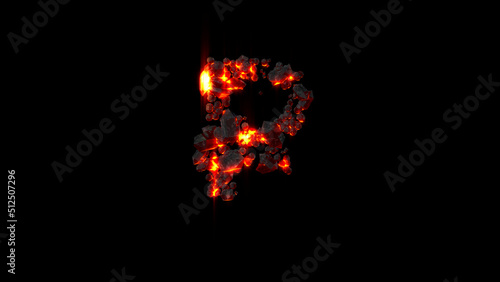 rouble sign made of very hot magma rocks on black, isolated - object 3D illustration