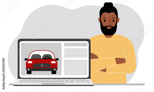 The concept of renting or buying a car. A man with a laptop on which site about the car.