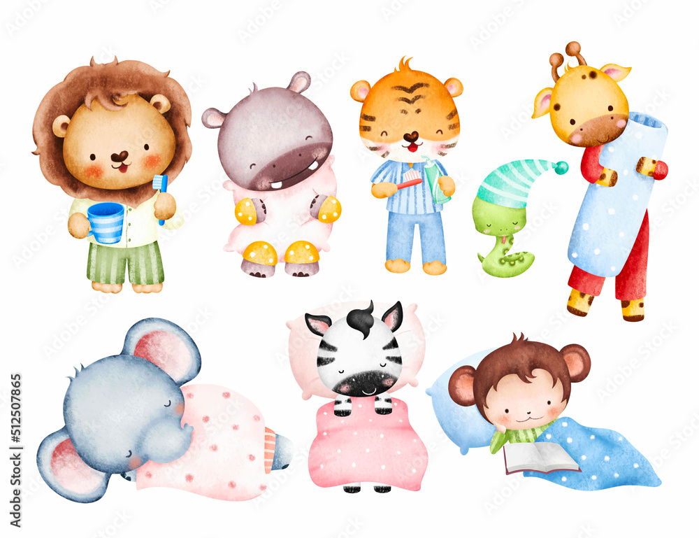 Watercolor set of baby safari animals bedtime Watercolor set of baby safari animals bedtime