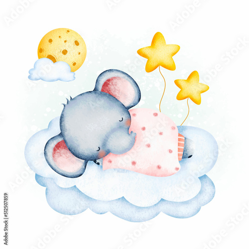 Watercolor baby elephant sleeping on the cloud