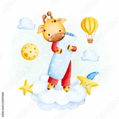 Watercolor baby giraffe wearing pajama and holding bolster on the cloud