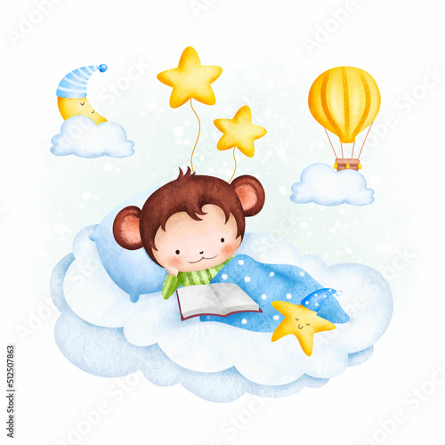 Watercolor baby monkey wearing pajama and reading book on the cloud 