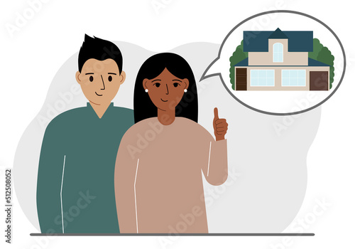 Happy couple or young family hugging and thinking about buying a dream home. Dreamy metaphor.