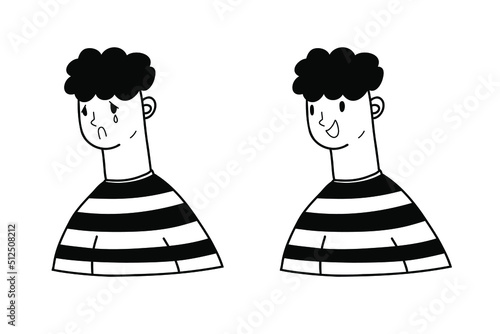 Sad and happy man. Doodle vector emotions person. Mood swings, depression, mental disorders. Human emotions. Illustration on a white background.