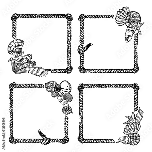 A set of nautical frames. Rope with seashells and starfish, hand-drawn doodle in sketch style. Rope with knots. Sea creatures. Summer. Ocean. Templates for photos, social media and posters.