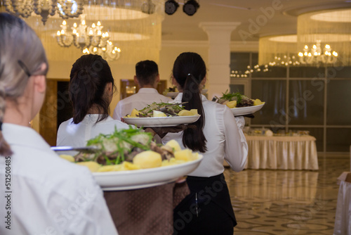 Uralsk  Kazakhstan  Qazaqstan   18.06.2022 - The waiters bring the national Kazakh dish beshbarmak to the guests.