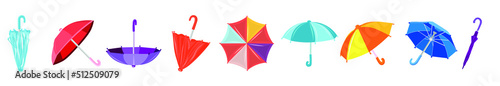 Many colorful umbrellas on white background