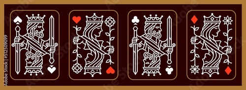 playing card vintage illustration. set of King and queen playing card vector illustration set of hearts, Spade, Diamond and Club, Royal cards design collection in retro color theme