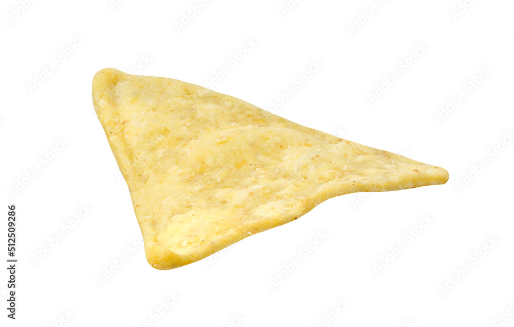 Nachos, one, isolated on white background with clipping path, element of packaging design. Full depth of field. Nachos, one, isolated on white background with clipping path, element of packaging design. Full depth of field.