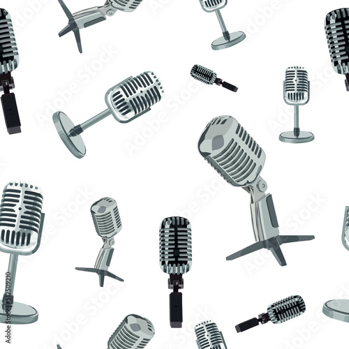 Set of modern microphones on white background