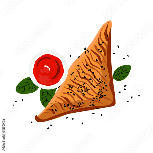 Tasty samsa and sauce on white background