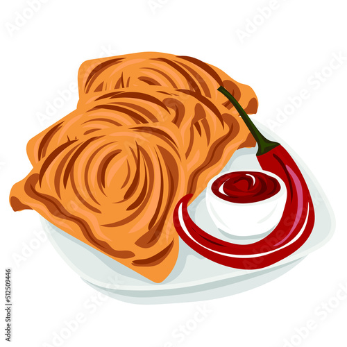 Plate with tasty samsas and hot sauce on white background