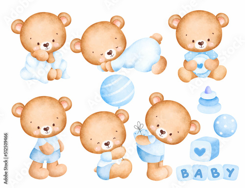 Set of Watercolor cute baby boy bear 